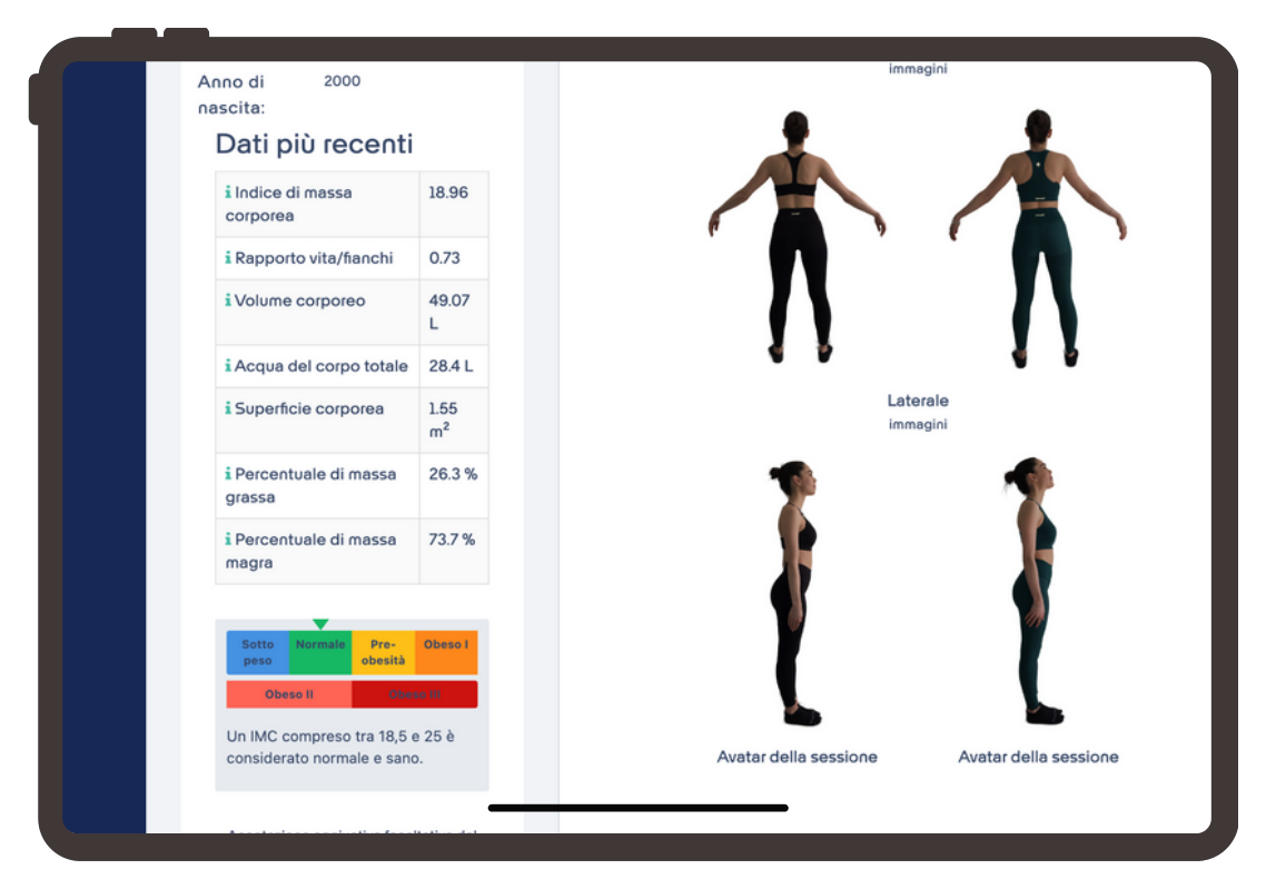 Dashboard BODYFY con riepilogo delle misurazioni cliente