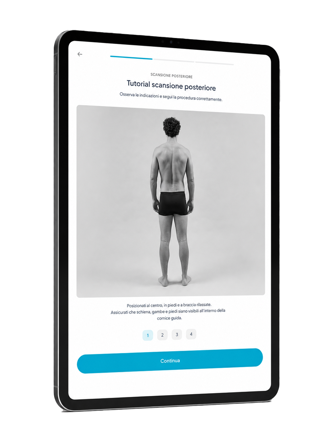 BODYFY app su tablet con tutorial di scansione posteriore