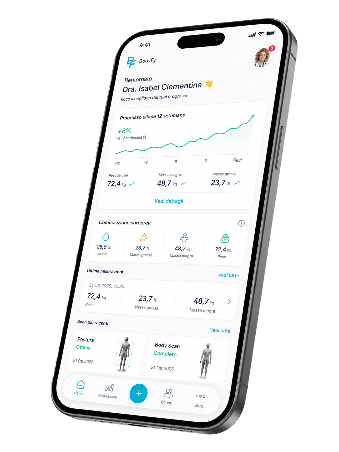 BODYFY app con riepilogo misurazioni e progressi